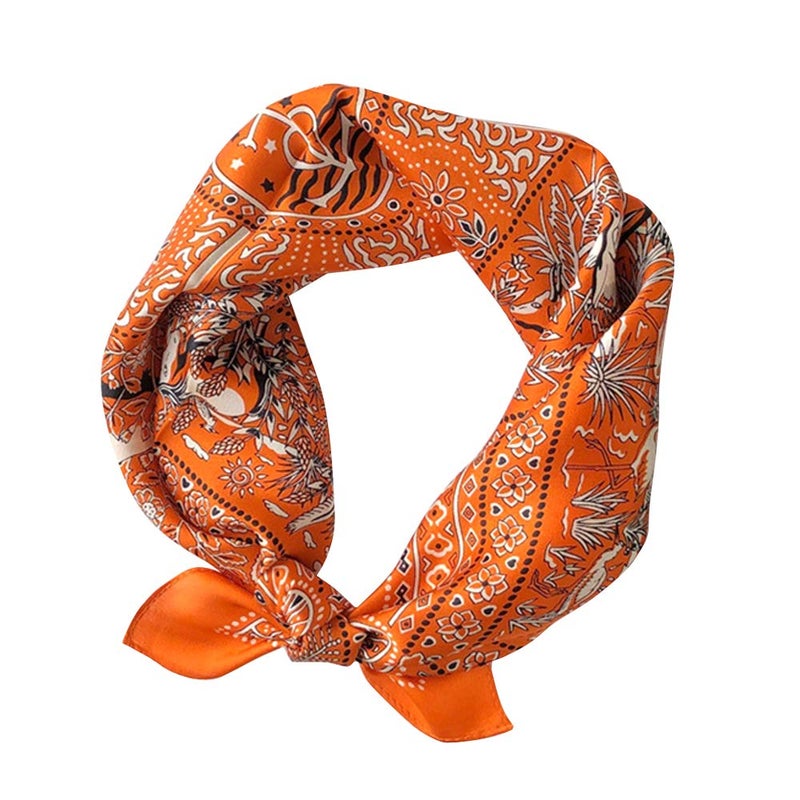 MEISEE Pure Mulberry Silk Scarfs Women Small Square Scarf 21" x 21" Breathable Lightweight Neckerchief Printed Headscarf (A-50 Flowers - orange) - Image 1